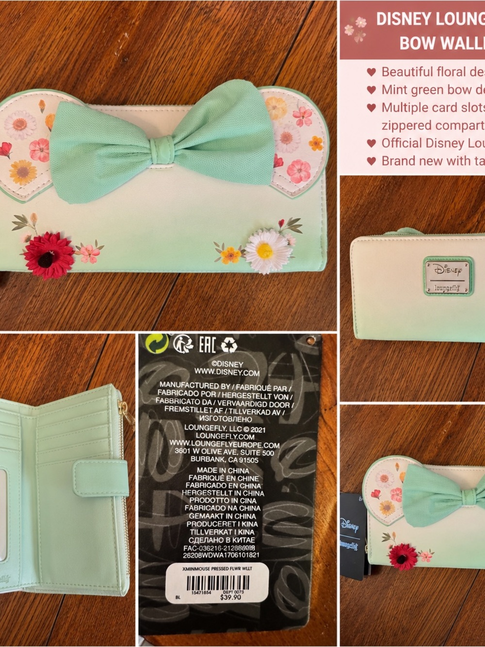 Disney Loungefly Minnie Mouse Floral Bow Zip Around Wallet NWT